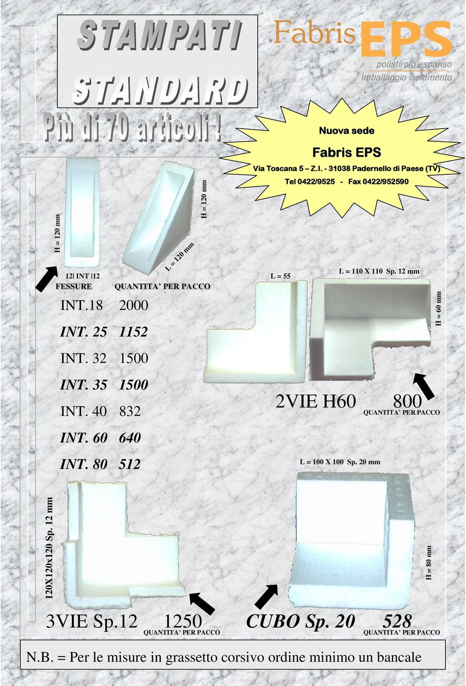 12 mm QUANTITA PER QUANTITA QUANTITA PER PACCO PACCO H = 60 mm FESSURE FESSURE L = 55 2000 INT. 25 1152 INT. 32 1500 INT. 35 1500 2VIE H60 INT.