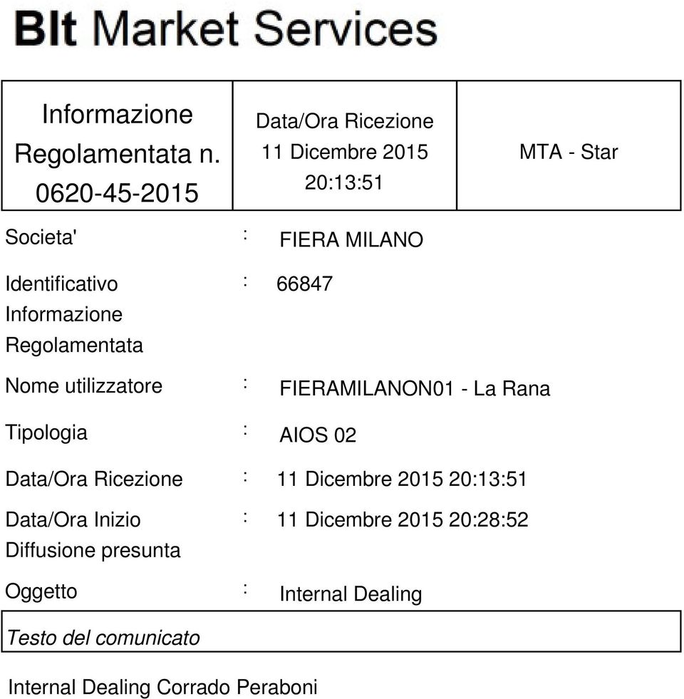 Informazione Regolamentata : 66847 Nome utilizzatore : FIERAMILANON01 - La Rana Tipologia : AIOS 02