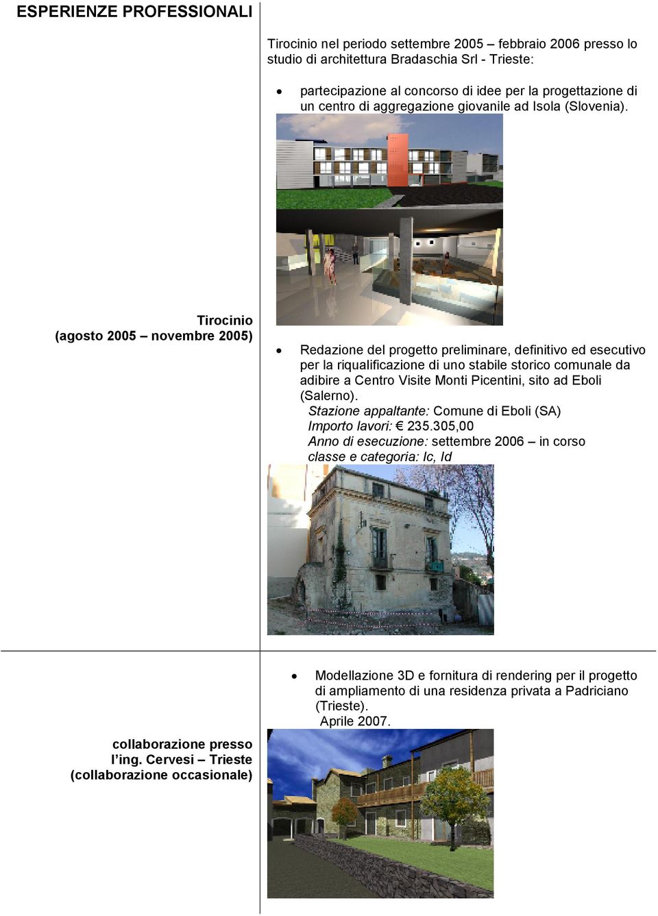 Tirocinio (agosto 2005 novembre 2005) Redazione del progetto preliminare, definitivo ed esecutivo per la riqualificazione di uno stabile storico comunale da adibire a Centro Visite Monti Picentini,