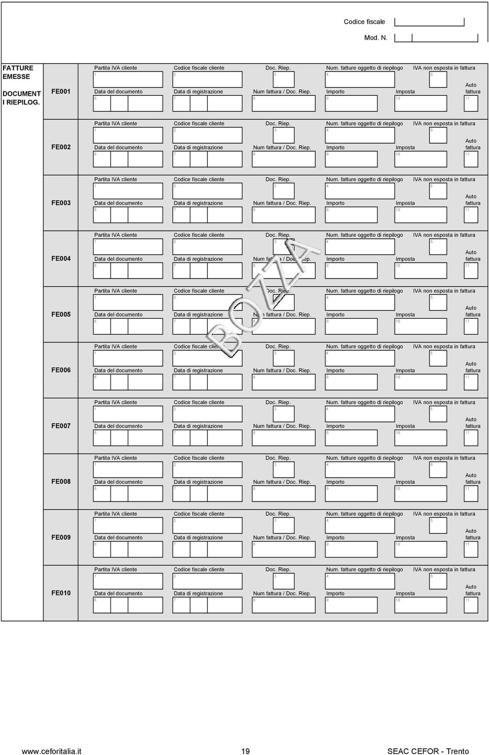 Importo Imposta 6 7 8 9 10 Auto fattura 11 FE002 Partita IVA cliente Codice fiscale cliente Doc. Riep. Num.