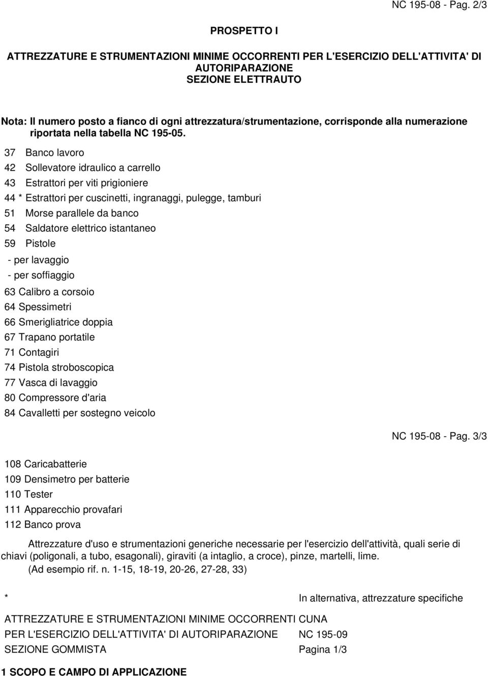 attrezzatura/strumentazione, corrisponde alla numerazione riportata nella tabella NC 195-05.