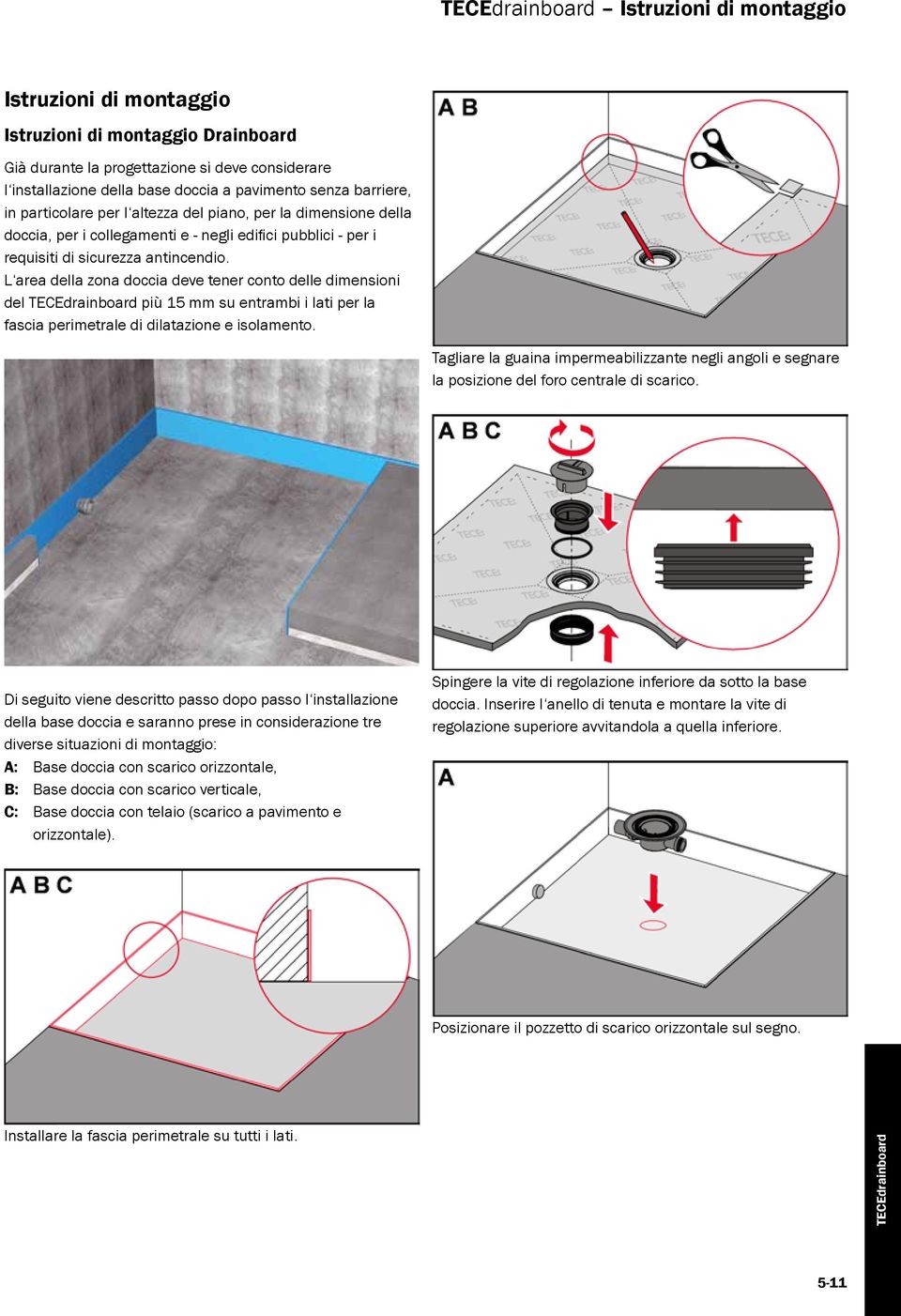 L area della zona doccia deve tener conto delle dimensioni del TECEdrainboard più 15 mm su entrambi i lati per la fascia perimetrale di dilatazione e isolamento.