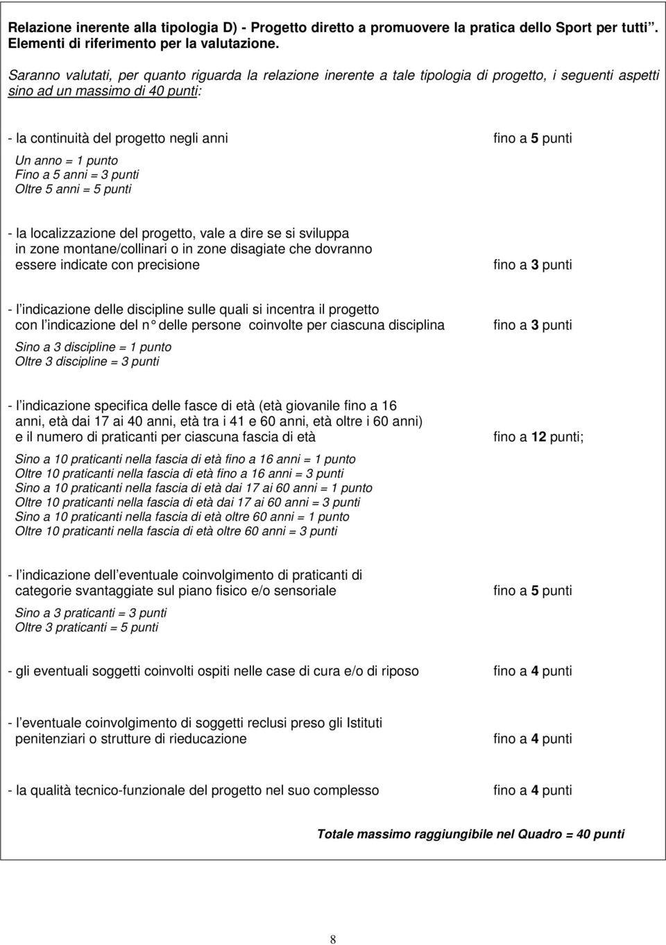 anno = 1 punto Fino a 5 anni = 3 punti Oltre 5 anni = 5 punti - la localizzazione del progetto, vale a dire se si sviluppa in zone montane/collinari o in zone disagiate che dovranno essere indicate