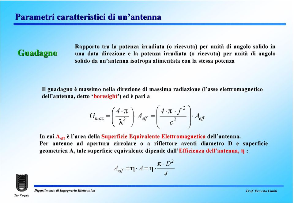 elettromagnetico dell antenna, detto boresight ) ed è pari a max 4 π λ eff 4 π c f eff In cui eff è l area della Superficie Equivalente Elettromagnetica dell antenna.
