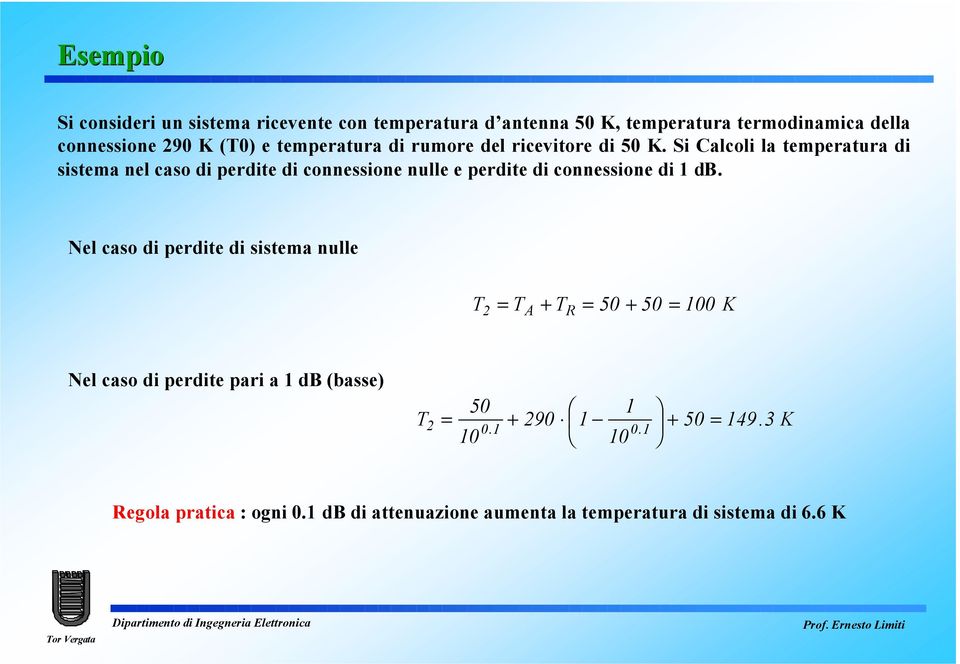 Si Calcoli la temperatura di sistema nel caso di perdite di connessione nulle e perdite di connessione di 1 db.