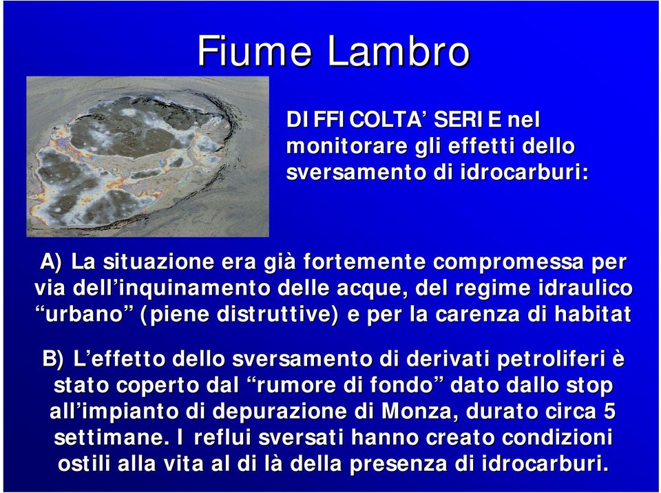 effetto L dello sversamento di derivati petroliferi è stato coperto dal rumore di fondo dato dallo stop all impianto di depurazione