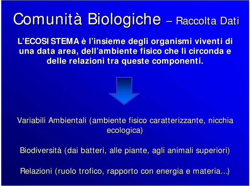 Variabili Ambientali (ambiente fisico caratterizzante, nicchia ecologica) Biodiversità (dai