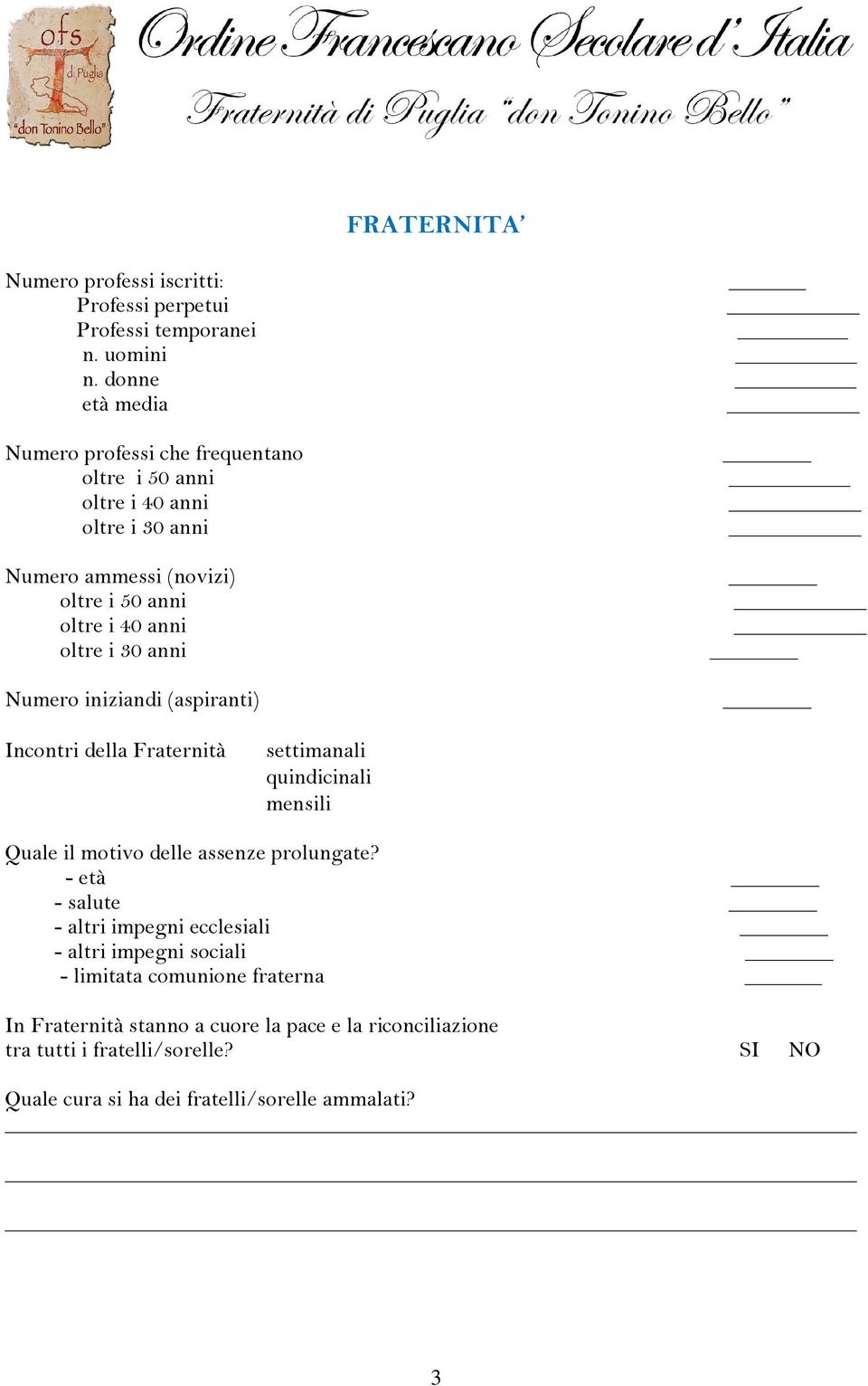 oltre i 30 anni Numero iniziandi (aspiranti) Incontri della Fraternità settimanali quindicinali mensili Quale il motivo delle assenze prolungate?