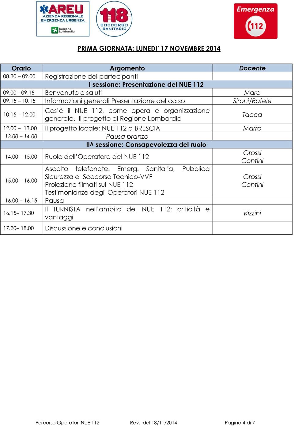 00 Il progetto locale: NUE 112 a BRESCIA Marro 13.00 14.00 Pausa pranzo II^ sessione: Consapevolezza del ruolo 14.00 15.00 Ruolo dell Operatore del NUE 112 15.00 16.00 16.00 16.15 Pausa 16.15 17.