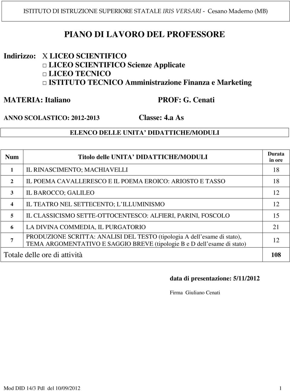 a As ELENCO DELLE UNITA DIDATTICHE/MODULI Num Titolo delle UNITA DIDATTICHE/MODULI 1 IL RINASCIMENTO; MACHIAVELLI 18 2 IL POEMA CAVALLERESCO E IL POEMA EROICO: ARIOSTO E TASSO 18 3 IL BAROCCO;