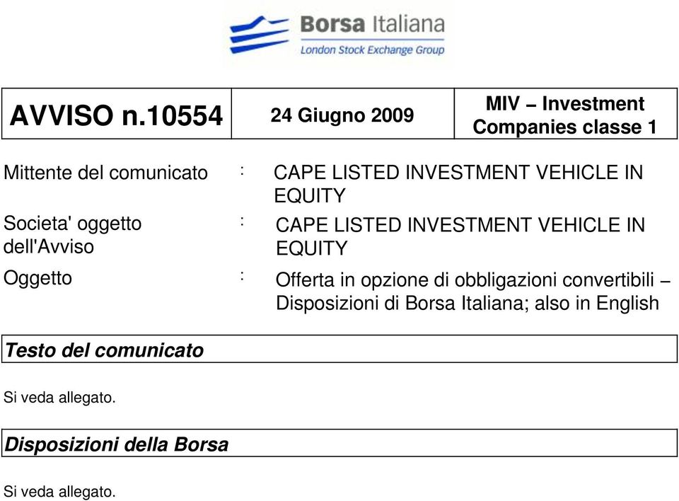 INVESTMENT VEHICLE IN EQUITY Societa' oggetto dell'avviso : CAPE LISTED INVESTMENT VEHICLE IN