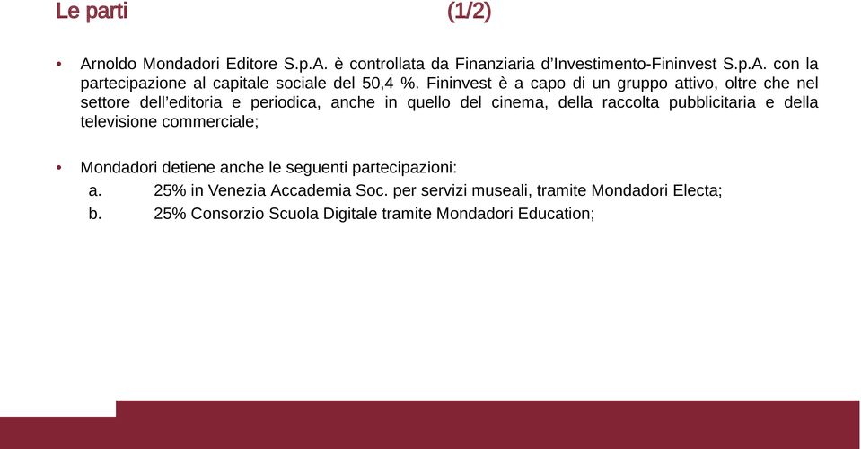 pubblicitaria e della televisione commerciale; Mondadori detiene anche le seguenti partecipazioni: a. 25% in Venezia Accademia Soc.