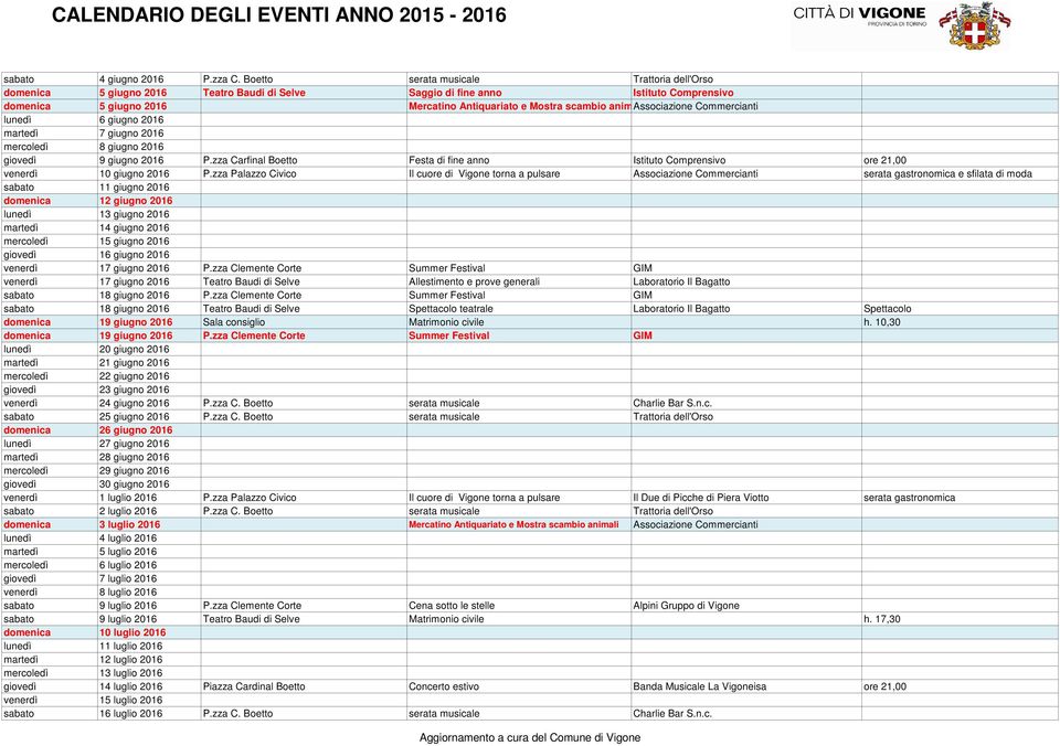 Associazione Commercianti lunedì 6 giugno 2016 martedì 7 giugno 2016 mercoledì 8 giugno 2016 giovedì 9 giugno 2016 P.
