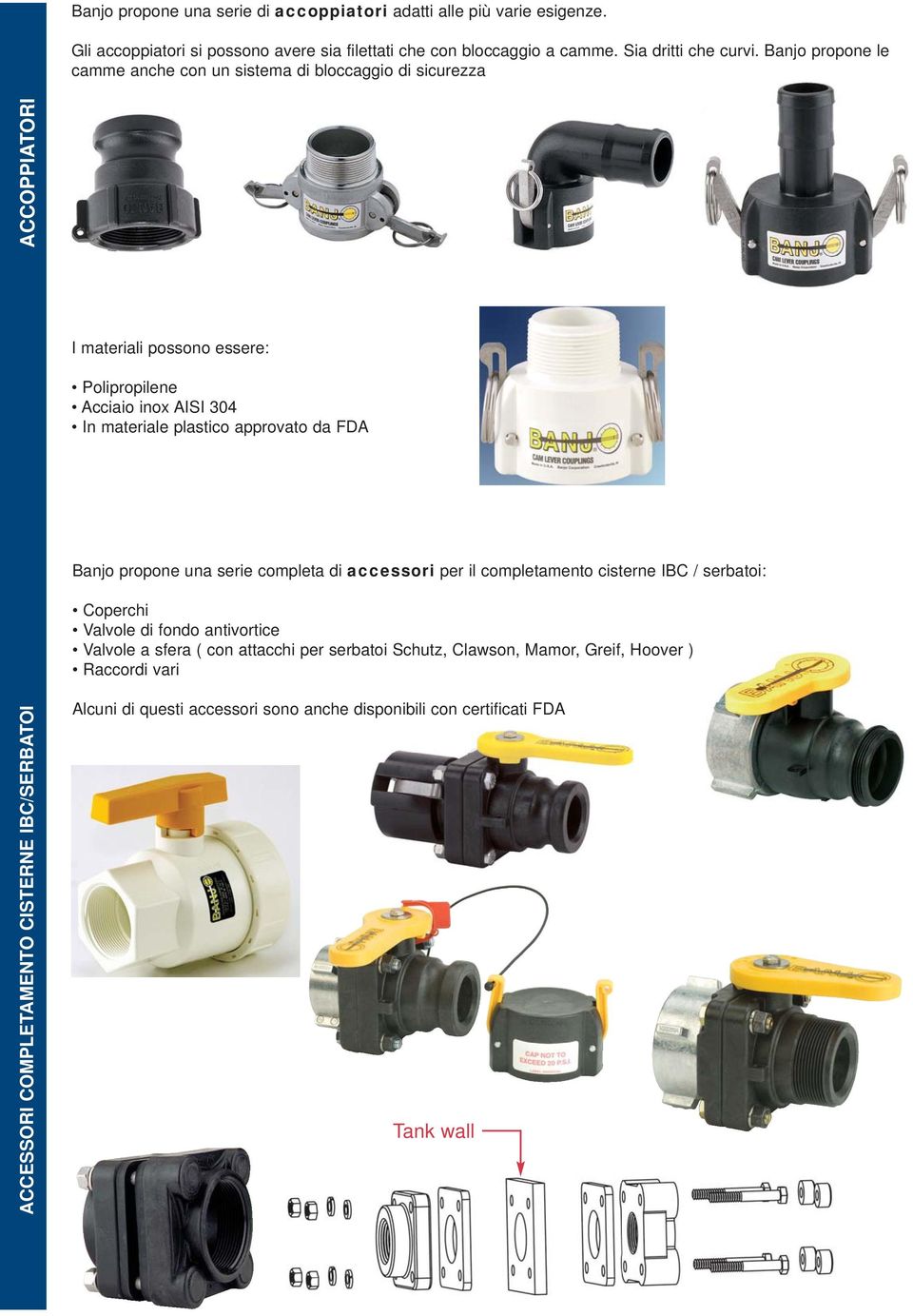 approvato da FDA Banjo propone una serie completa di accessori per il completamento cisterne IBC / serbatoi: Coperchi Valvole di fondo antivortice Valvole a sfera ( con attacchi