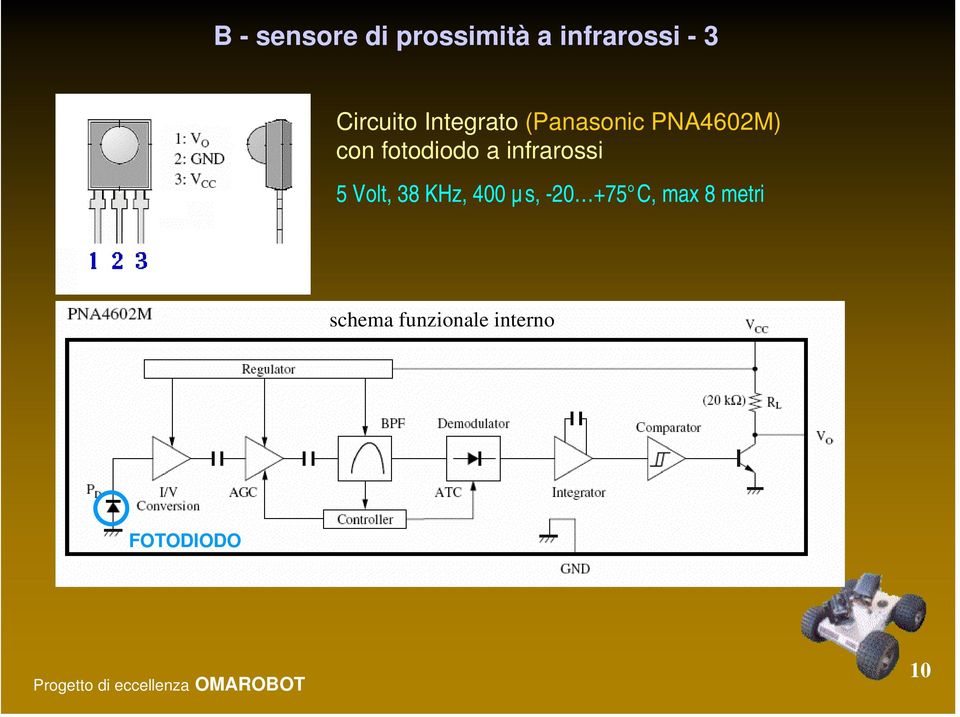 fotodiodo a infrarossi 5 Volt, 38 KHz, 400 µs,