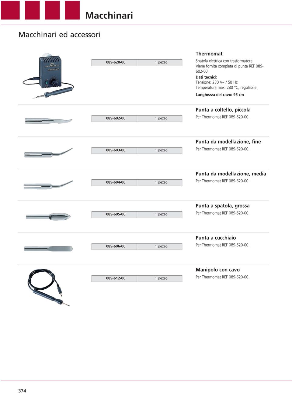 Lunghezza del cavo: 95 cm 089-602-00 1 pezzo Punta a coltello, piccola 089-603-00 1 pezzo Punta da modellazione, fine