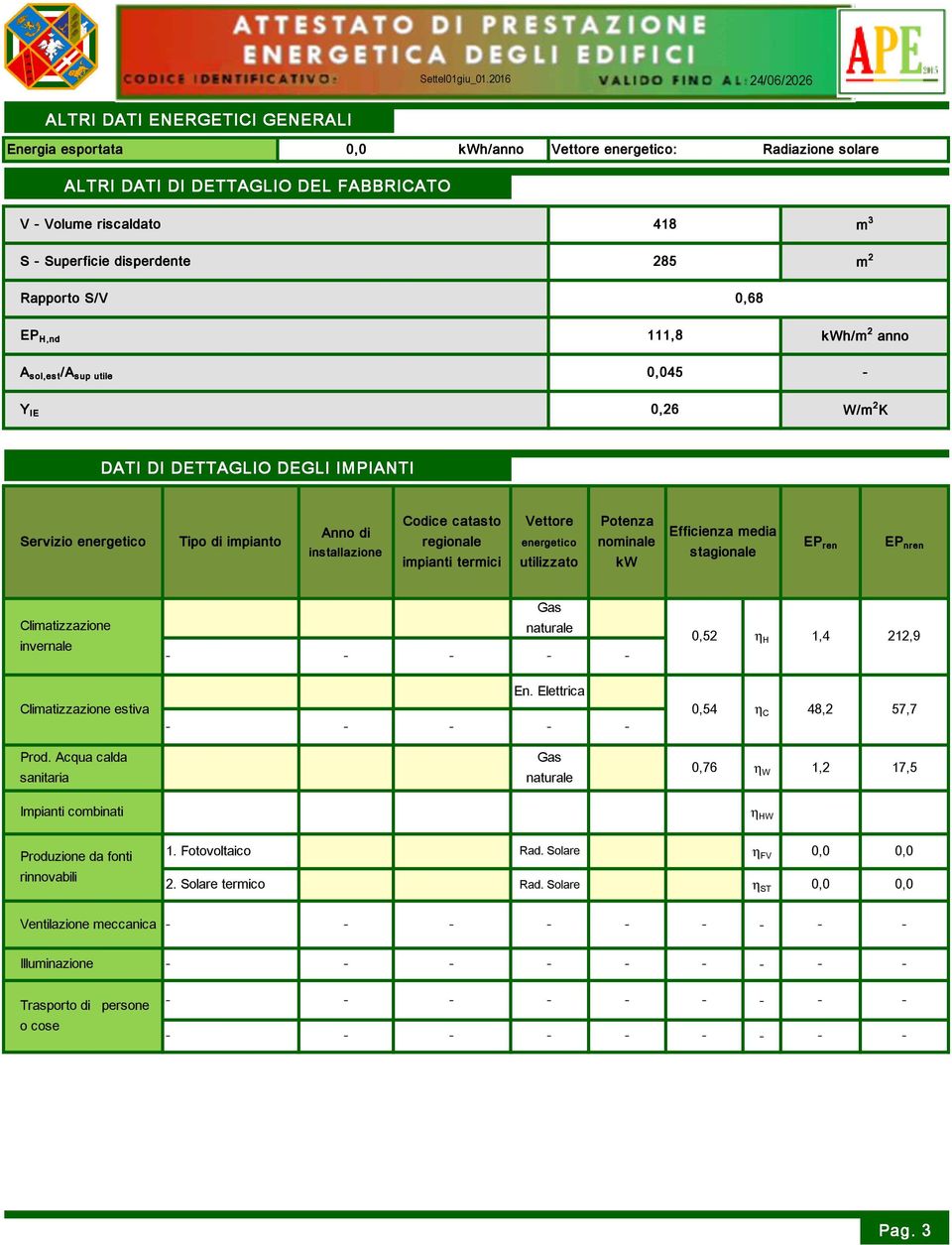 installazione Codice catasto regionale impianti termici Vettore energetico utilizzato Potenza nominale kw Efficienza media stagionale EP ren EP nren Climatizzazione invernale Gas naturale 0,52 η H