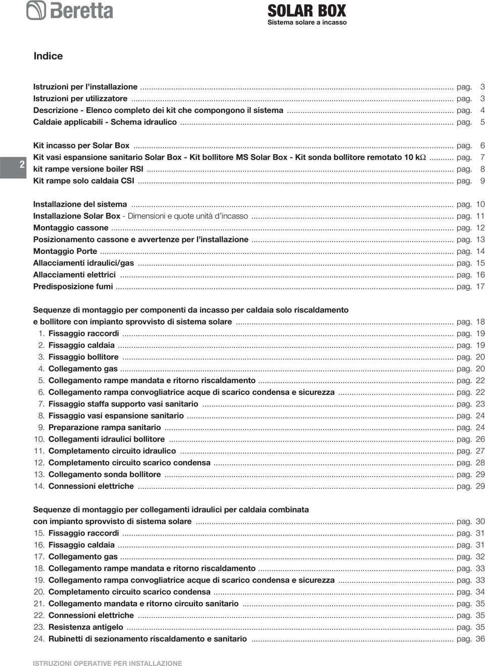 .. pag. 9 Installazione del sistema... pag. 10 Installazione Solar Box - Dimensioni e quote unità d incasso... pag. 11 Montaggio cassone... pag. 12 Posizionamento cassone e avvertenze per l installazione.