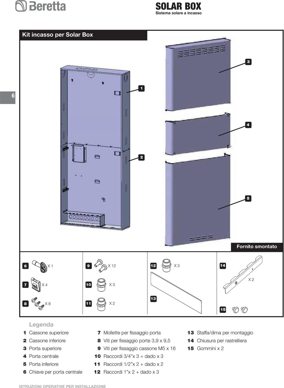 per fi ssaggio porta 8 Viti per fi ssaggio porte 3,9 x 9,5 9 Viti per fi ssaggio cassone M5 x 16 10 Raccordi 3/4 x 3 + dado x 3