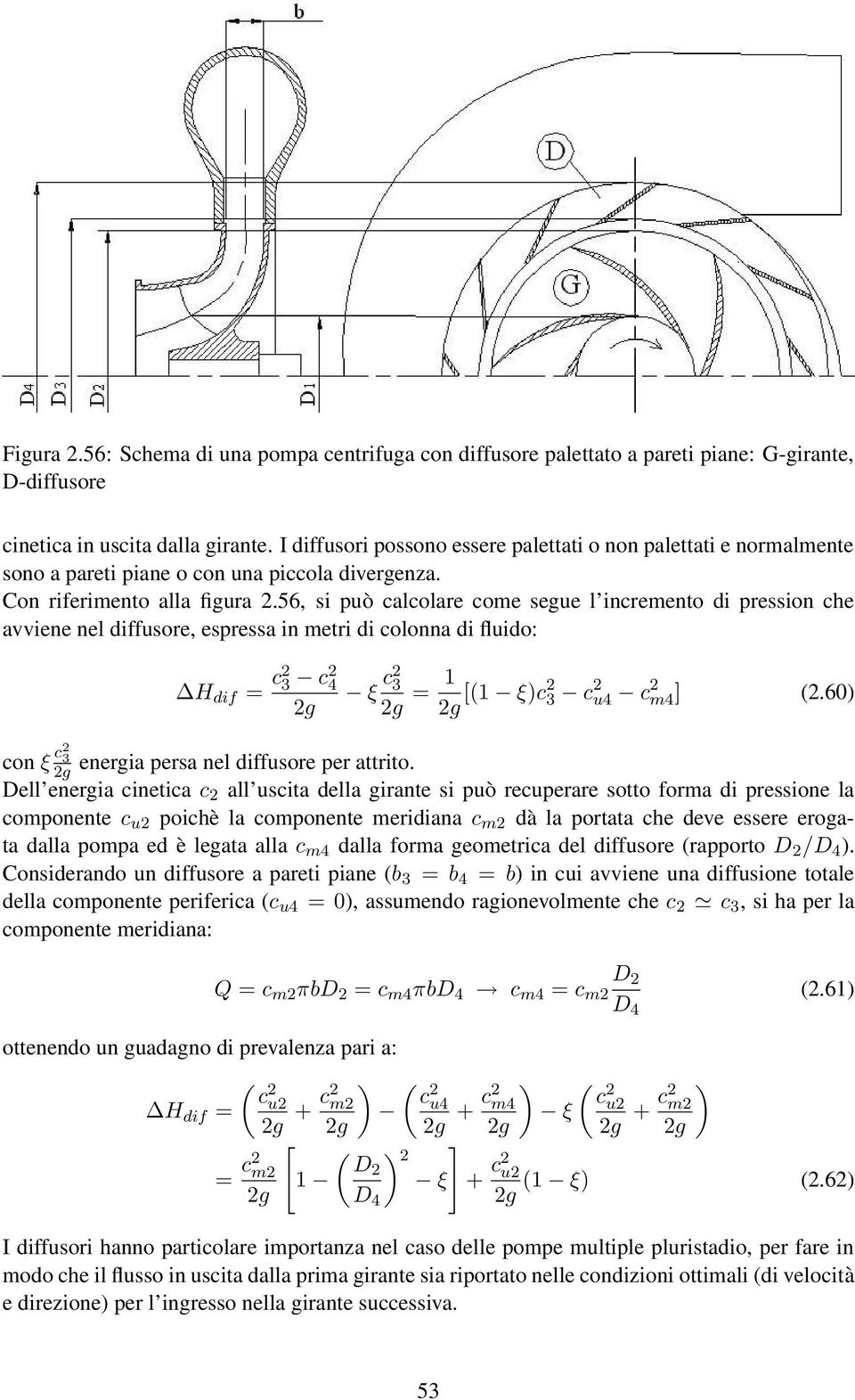 56, si può calcolare come segue l incremento di pression che avviene nel diffusore, espressa in metri di colonna di fluido: H dif = c2 3 c2 4 2g ξ c2 3 2g = 1 2g [(1 ξ)c2 3 c 2 u4 c 2 m4] (2.