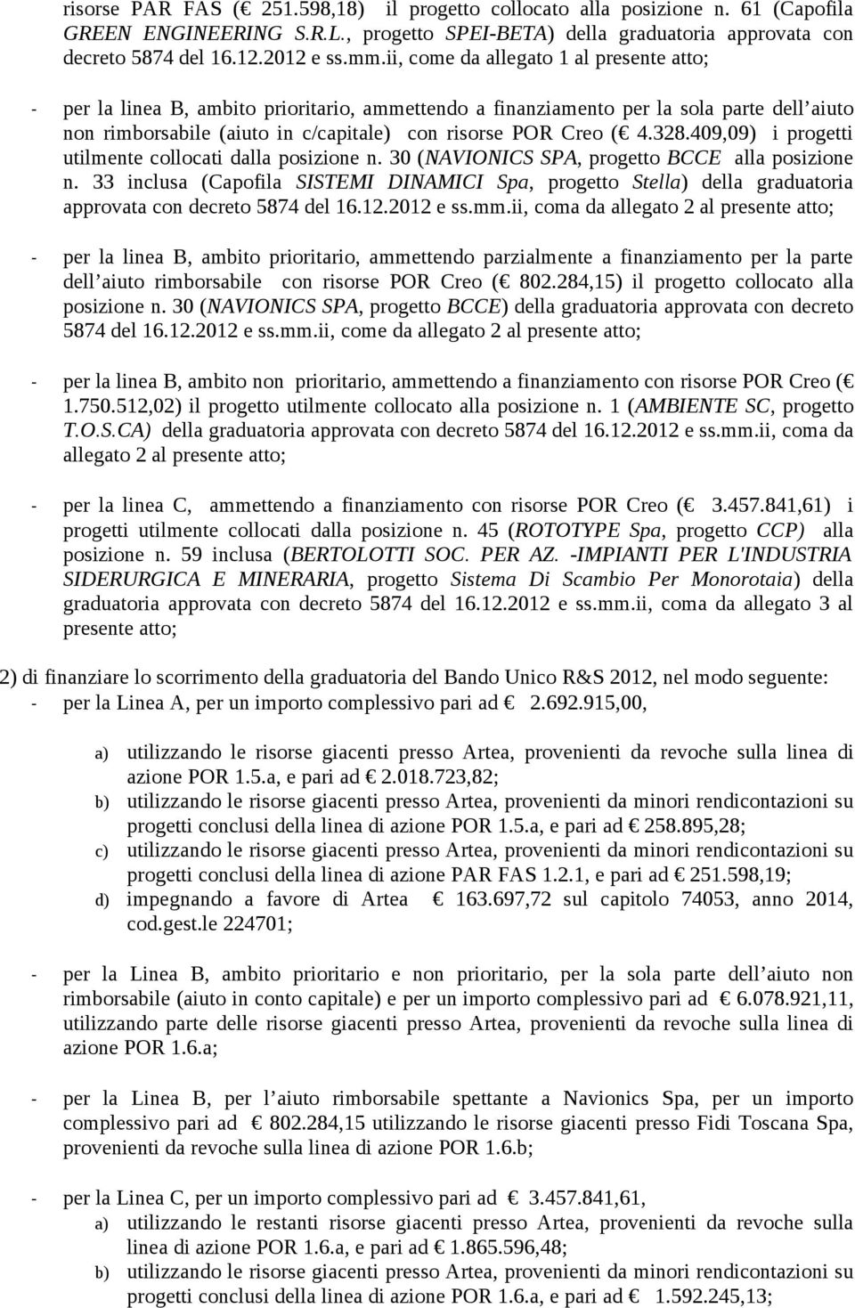 328.409,09) i progetti utilmente collocati dalla posizione n. 30 (NAVIONICS SPA, progetto BCCE alla posizione n.