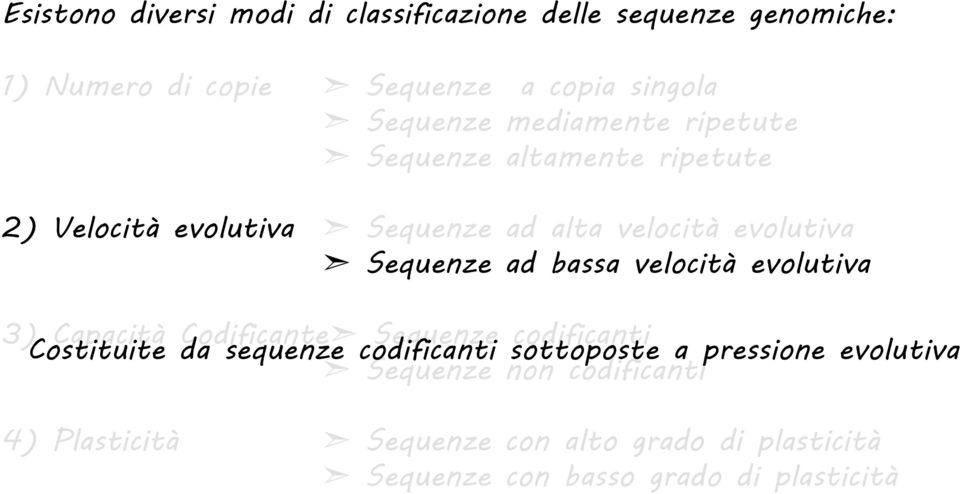 bassa velocità evolutiva 3) Capacità Codificante Sequenze codificanti Costituite da sequenze codificanti sottoposte a