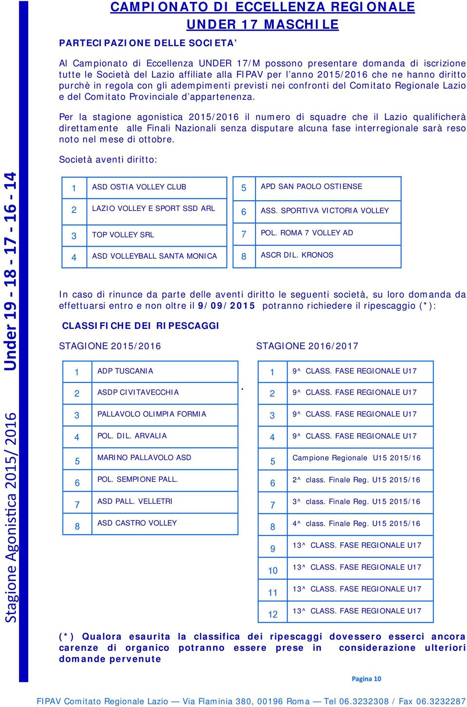 Per la stagione agonistica 2015/2016 il numero di squadre che il Lazio qualificherà direttamente alle Finali Nazionali senza disputare alcuna fase interregionale sarà reso noto nel mese di ottobre.