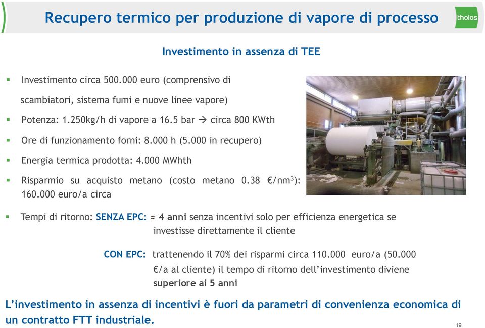 000 euro/a circa Tempi di ritorno: SENZA EPC: 4 anni senza incentivi solo per efficienza energetica se investisse direttamente il cliente CON EPC: trattenendo il 70% dei risparmi circa 110.