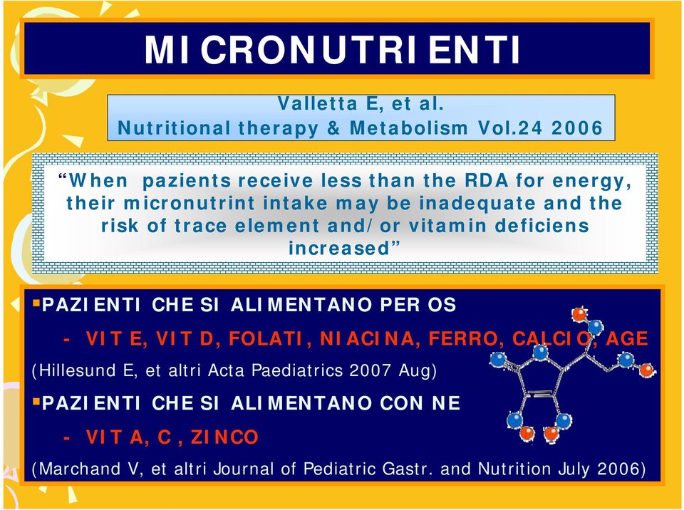 element and/or vitamin deficiens increased PAZIENTI CHE SI ALIMENTANO PER OS - VIT E, VIT D, FOLATI, NIACINA, FERRO, CALCIO,