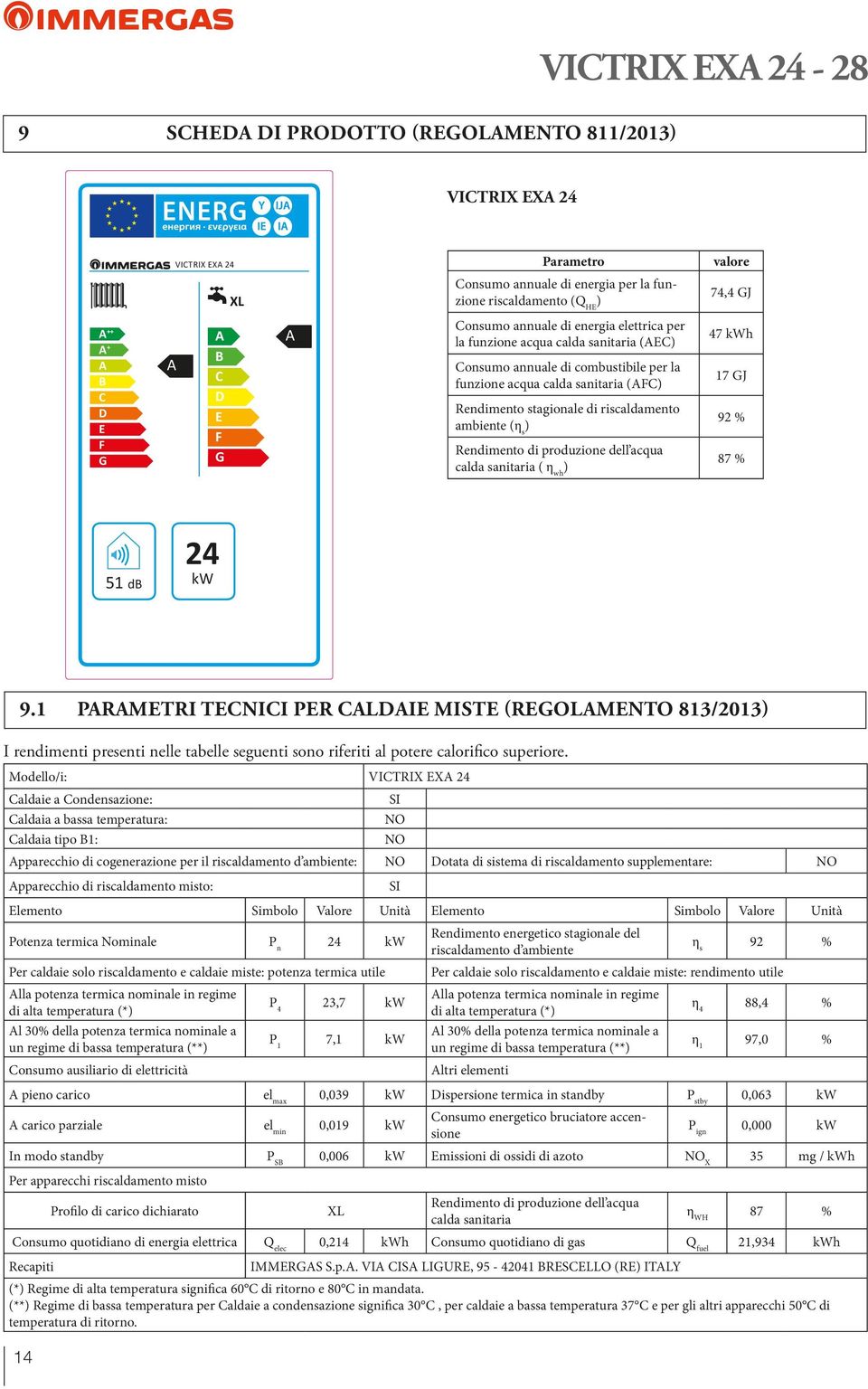 riscaldamento ambiente (η s ) Rendimento di produzione dell acqua calda sanitaria ( η wh ) 47 kwh 17 GJ 92 % 87 % 51 db 24 kw 9.