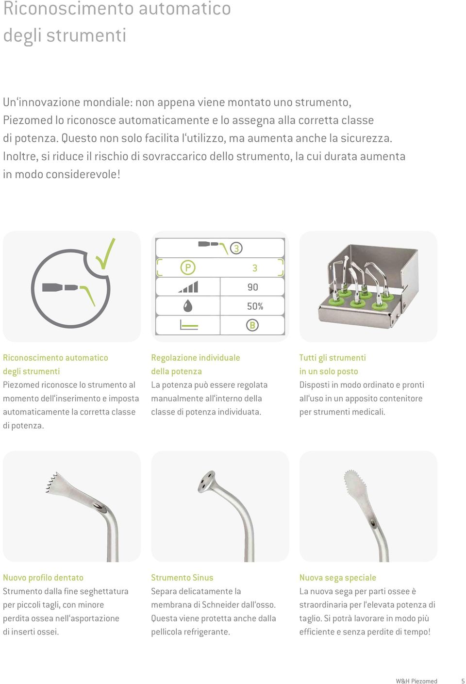 3 3 90 50% Riconoscimento automatico degli strumenti Piezomed riconosce lo strumento al momento dell inserimento e imposta automaticamente la corretta classe di potenza.