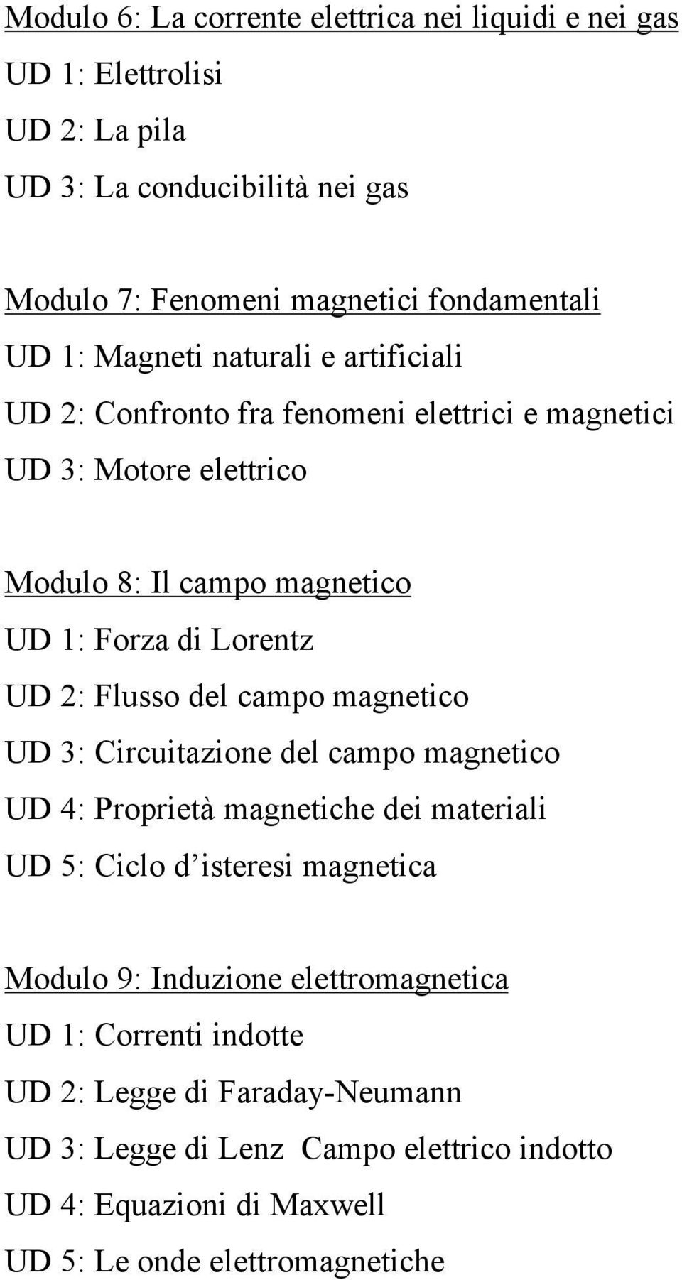 Flusso del campo magnetico UD 3: Circuitazione del campo magnetico UD 4: Proprietà magnetiche dei materiali UD 5: Ciclo d isteresi magnetica Modulo 9: Induzione