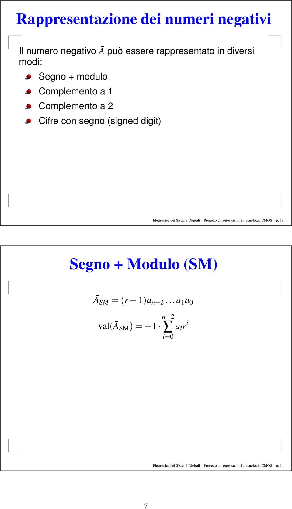 Digitli Progetto di sottosistemi in tenologi CMOS p. 13 Segno + Modulo (SM) Ā SM = (r 1) n 2.