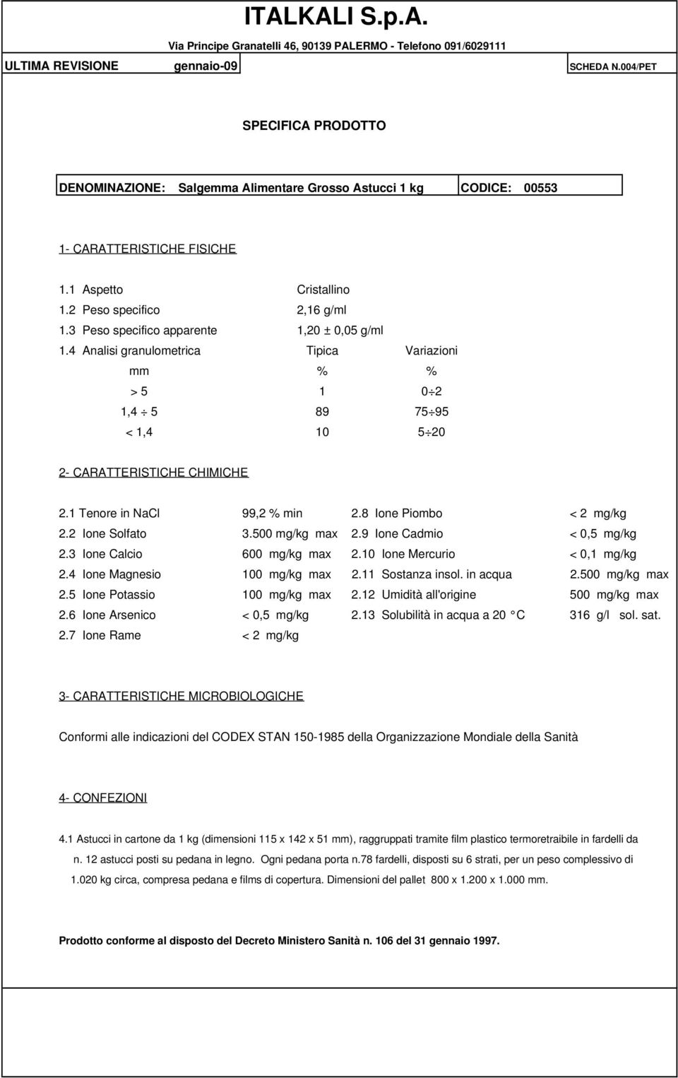 in acqua 2.500 mg/kg max 2.5 Ione Potassio 100 mg/kg max 2.12 Umidità all'origine 500 mg/kg max 2.7 Ione Rame < 2 mg/kg 4.