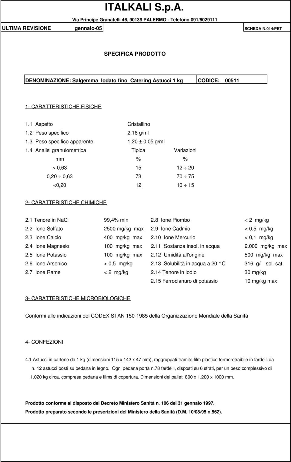 in acqua 2.000 mg/kg max 2.5 Ione Potassio 100 mg/kg max 2.12 Umidità all'origine 500 mg/kg max 2.7 Ione Rame < 2 mg/kg 2.14 Tenore in iodio 30 mg/kg 2.15 Ferrocianuro di potassio 10 mg/kg max 4.