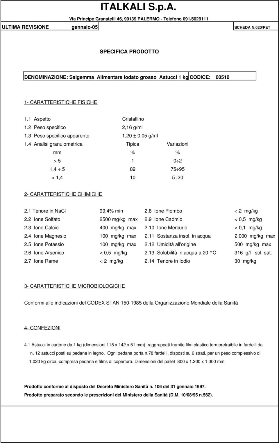 in acqua 2.000 mg/kg max 2.5 Ione Potassio 100 mg/kg max 2.12 Umidità all'origine 500 mg/kg max 2.7 Ione Rame < 2 mg/kg 2.14 Tenore in Iodio 30 mg/kg 4.