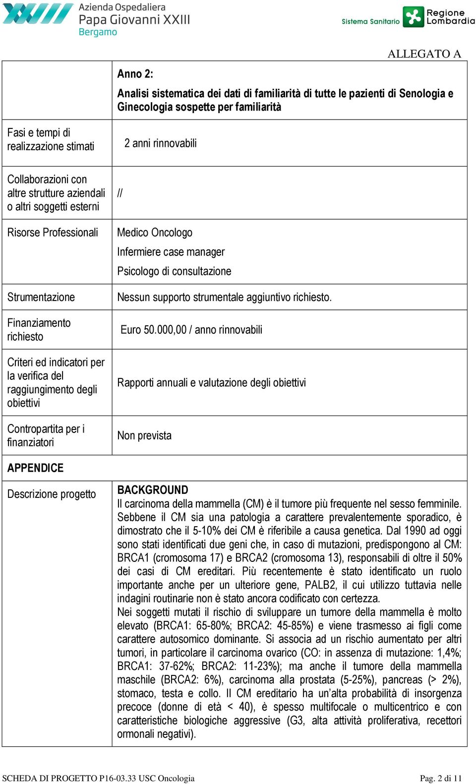 obiettivi Contropartita per i finanziatori // Medico Oncologo Infermiere case manager Psicologo di consultazione Nessun supporto strumentale aggiuntivo richiesto. Euro 50.