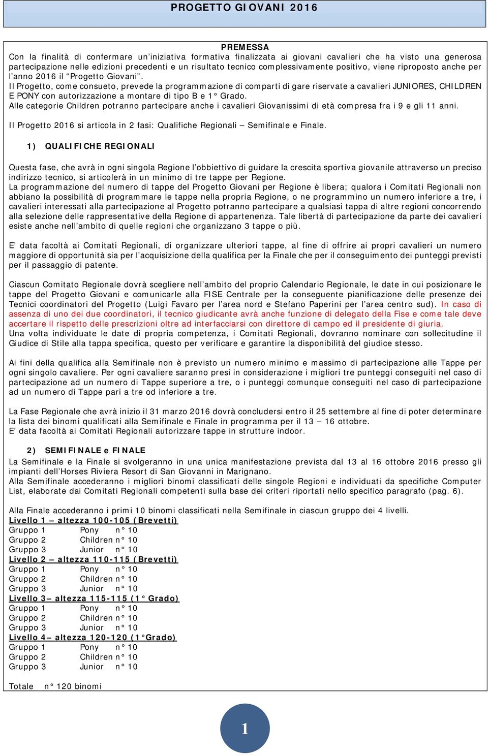 Il Progetto, come consueto, prevede la programmazione di comparti di gare riservate a cavalieri JUNIORES, CHILDREN E PONY con autorizzazione a montare di tipo B e 1 Grado.