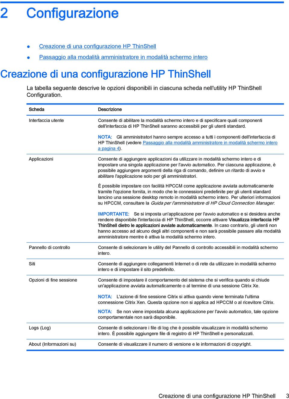 Scheda Interfaccia utente Descrizione Consente di abilitare la modalità schermo intero e di specificare quali componenti dell'interfaccia di HP ThinShell saranno accessibili per gli utenti standard.