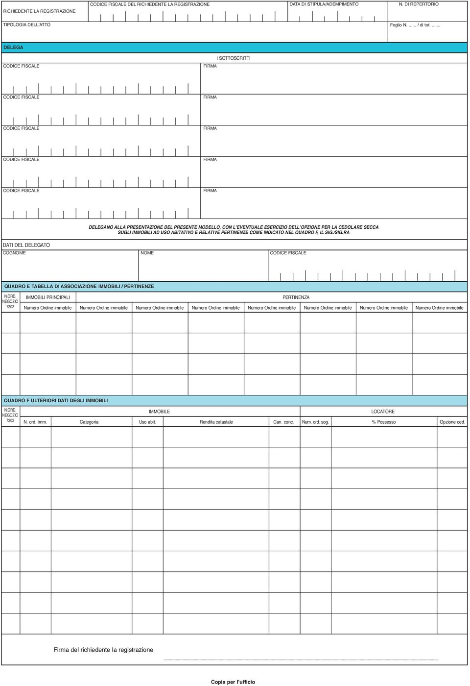 E RELATIVE PERTINENZE COME INDICATO NEL QUADRO F, IL SIG.SIG.RA DATI DEL DELEGATO COG QUADRO E TABELLA DI ASSOCIAZIONE IMMOBILI PERTINENZE N.ORD.