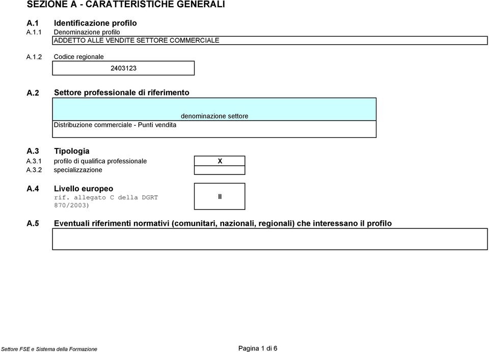 Tipologia A.3.1 profilo di qualifica professionale X A.3.2 specializzazione A.4 Livello europeo rif. allegato C della DGRT 870/2003) II A.