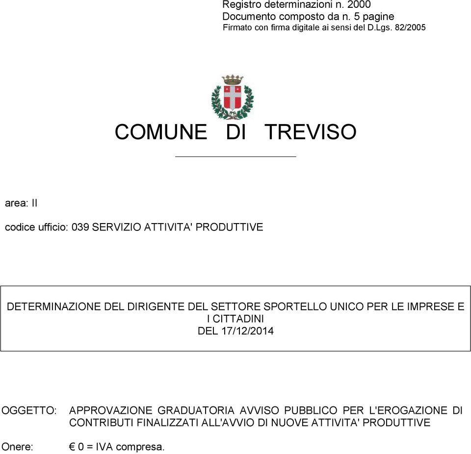 DEL SETTORE SPORTELLO UNICO PER LE IMPRESE E I CITTADINI DEL 17/12/2014 OGGETTO: APPROVAZIONE GRADUATORIA AVVISO