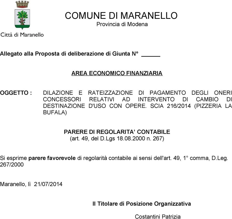 SCIA 216/2014 (PIZZERIA LA BUFALA) PARERE DI REGOLARITA CONTABILE (art. 49, del D.Lgs 18.08.2000 n.