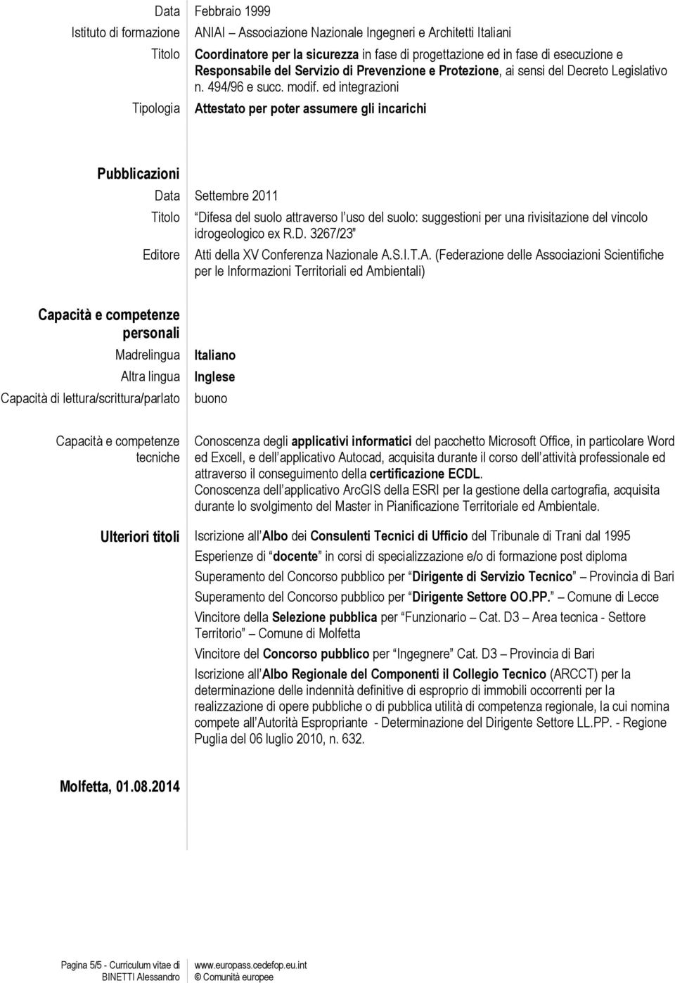 ed integrazioni Attestato per poter assumere gli incarichi Pubblicazioni Data Settembre 2011 Editore Difesa del suolo attraverso l uso del suolo: suggestioni per una rivisitazione del vincolo