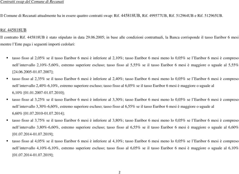 2005; in base alle condizioni contrattuali, la Banca corrisponde il tasso Euribor 6 mesi mentre l Ente paga i seguenti importi cedolari: tasso fisso al 2,05% se il tasso Euribor 6 mesi è inferiore al