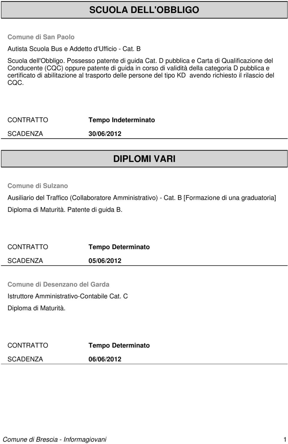 persone del tipo KD avendo richiesto il rilascio del CQC. SCADENZA 30/06/2012 DIPLOMI VARI Comune di Sulzano Ausiliario del Traffico (Collaboratore Amministrativo) - Cat.