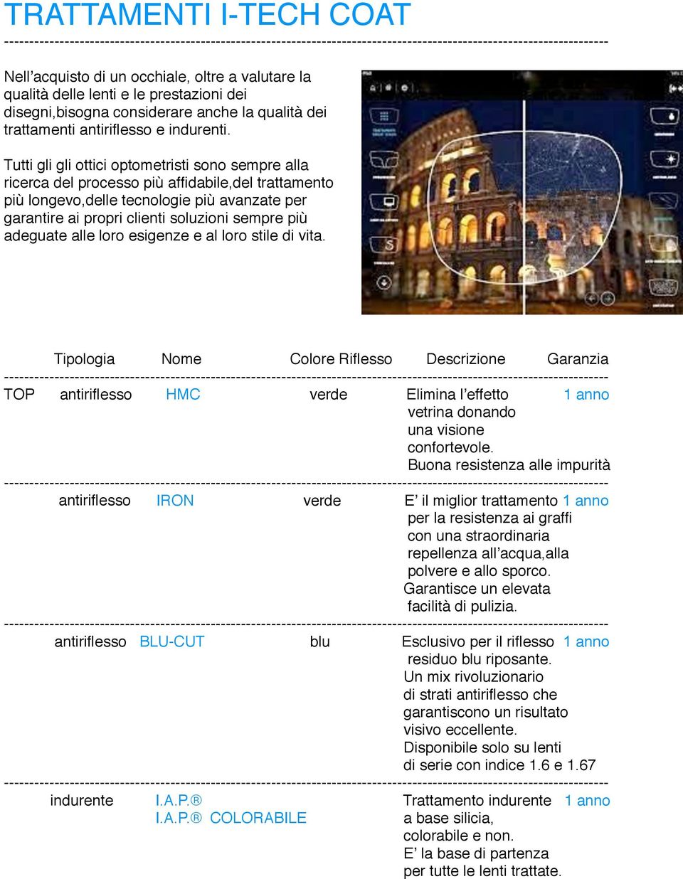 adeguate alle loro esigenze e al loro stile di vita. Tipologia Nome Colore Riflesso Descrizione Garanzia TOP antiriflesso HMC verde Elimina lʼeffetto 1 anno vetrina donando una visione confortevole.