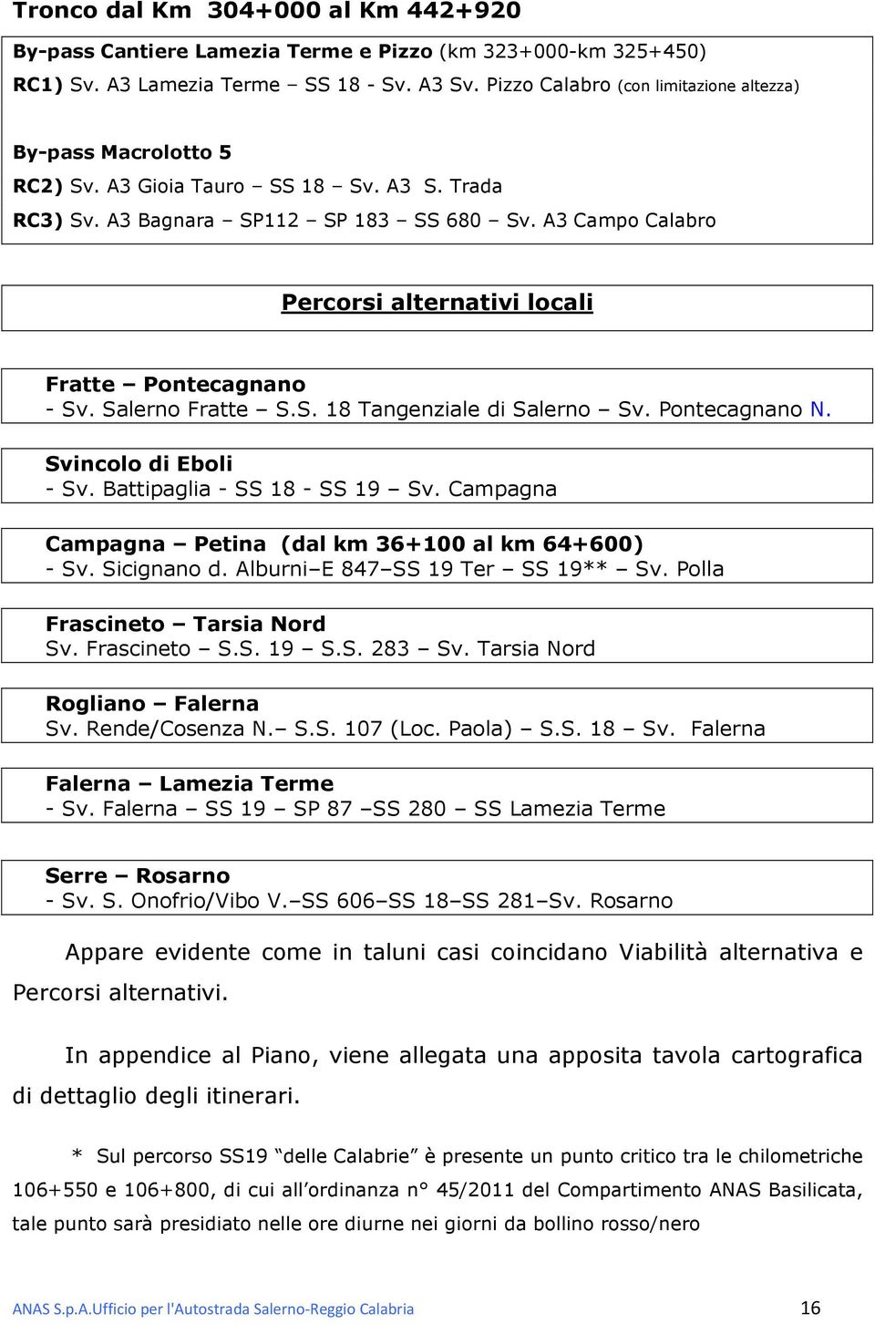 A3 Campo Calabro Percorsi alternativi locali Fratte Pontecagnano - Sv. Salerno Fratte S.S. 18 Tangenziale di Salerno Sv. Pontecagnano N. Svincolo di Eboli - Sv. Battipaglia - SS 18 - SS 19 Sv.