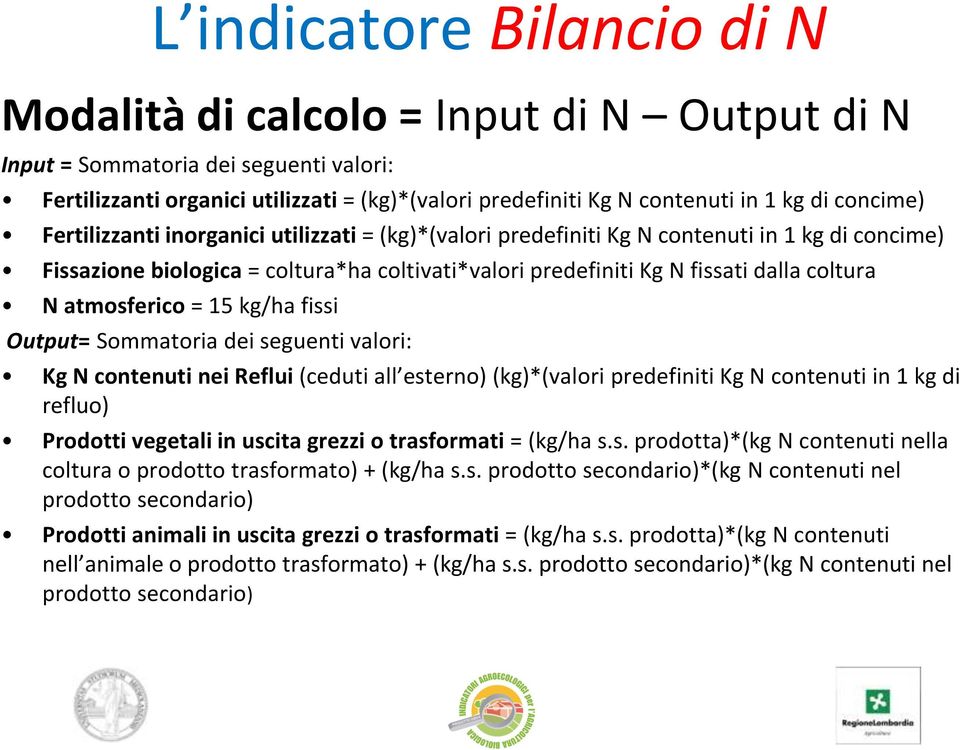 atmosferico = 15 kg/ha fissi Output= Sommatoria dei seguenti valori: Kg N contenuti nei Reflui (ceduti all esterno) (kg)*(valori predefiniti Kg N contenuti in 1 kg di refluo) Prodotti vegetali in