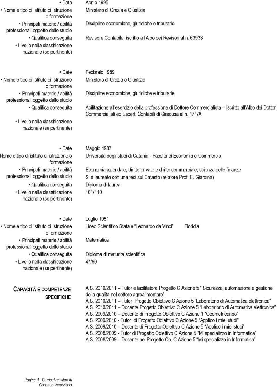 63933 Date Febbraio 1989 Nome e tipo di istituto di istruzione Ministero di Grazia e Giustizia Principali materie / abilità Discipline economiche, giuridiche e tributarie Qualifica conseguita